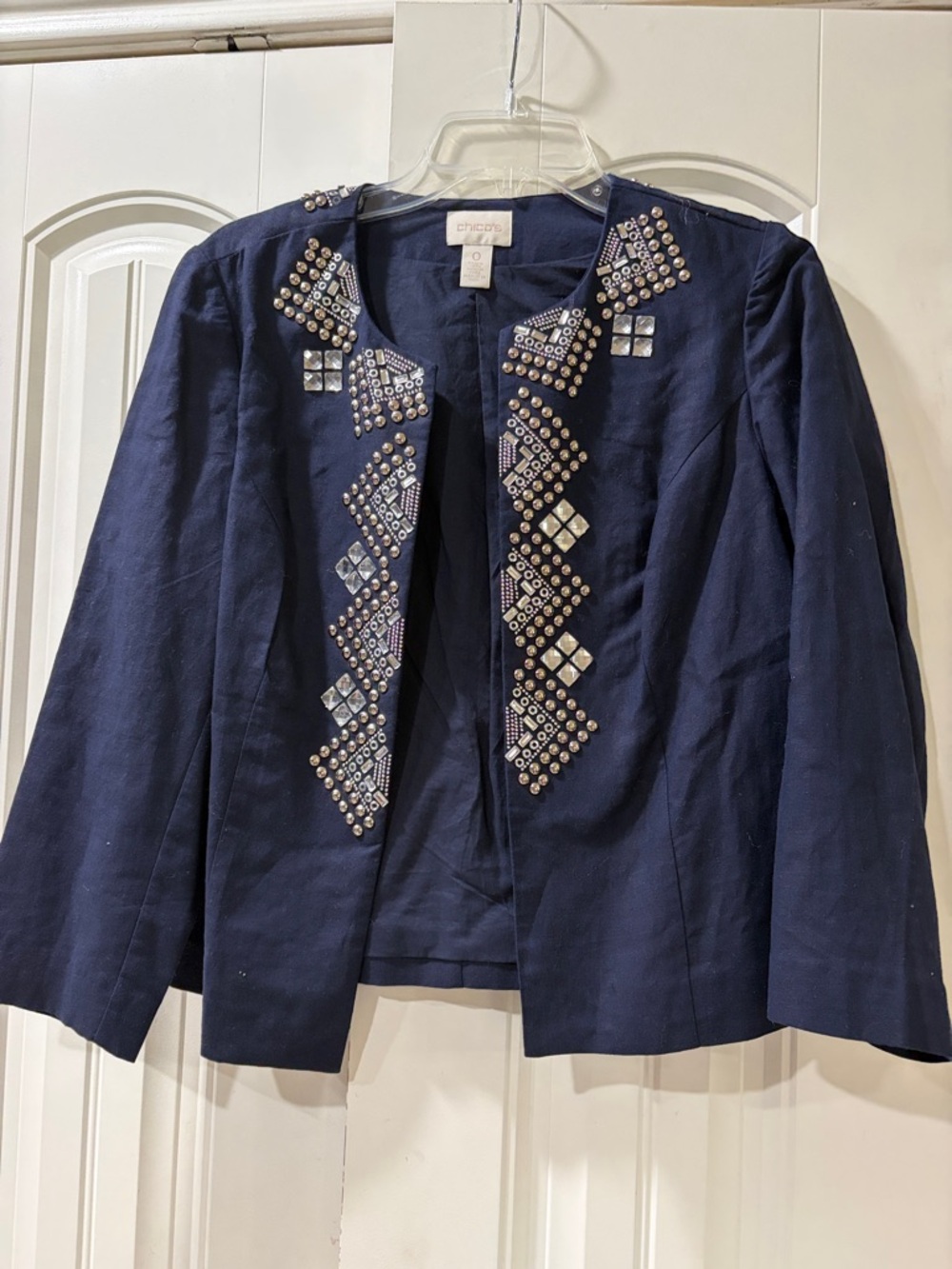 Chico's Navy Beaded Open-Front Blazer
